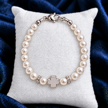 Load image into Gallery viewer, Religious Pearls w/ Silver Cross, Children's Jewelry
